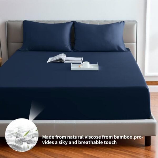 Fitted sheet, single pack, single bed size only, bamboo fiber viscose, 400 thread count, 16 15-inch deep pocket, soft, silky, and breathable (single pack, navy blue, single bed size)