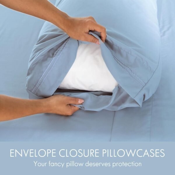 Single sheet set - four-piece soft and breathable luxury sheet set - shrink-resistant and fade-resistant embroidered sheet, deep pocket design, includes two extra pillowcases (single bed, light blue).