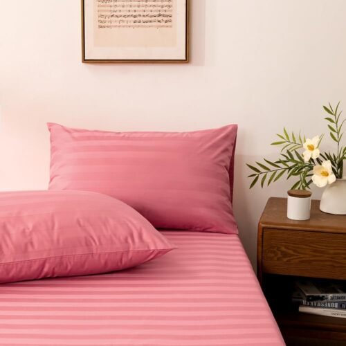 Three-Piece Cotton Striped Fitted Sheet and Pillowcase Set, Includes 1 Pink Queen Fitted Sheet and 2 Pillowcases, Organic Cotton Deep Pocket Fitted Sheet, Sheet Not Included, Soft and Cool