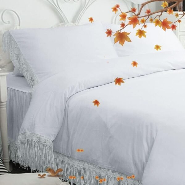 Bohemian style four-piece duvet cover set, full size, Bohemian fashion cotton bedding set, including bed skirt, elegant tassel decoration, pure white