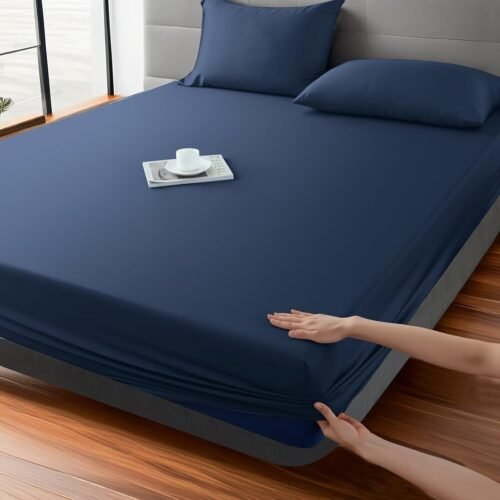 Fitted sheet, single pack, single bed size only, bamboo fiber viscose, 400 thread count, 16 15-inch deep pocket, soft, silky, and breathable (single pack, navy blue, single bed size)