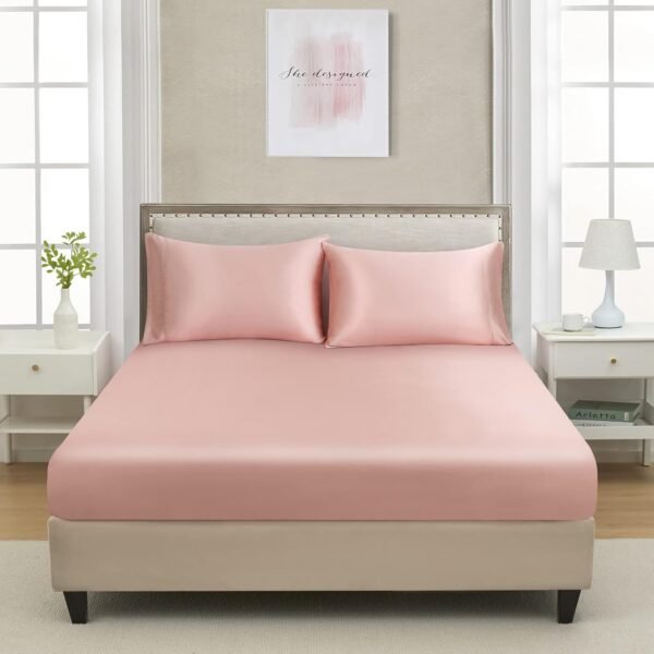 Silk satin fitted sheet, soft deep pocket design, single bed undersheet sold separately, wrinkle-resistant, colorfast, breathable, full elastic design (Queen size, blush)