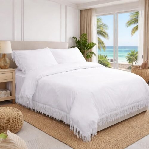 Bohemian style four-piece duvet cover set, full size, Bohemian fashion cotton bedding set, including bed skirt, elegant tassel decoration, pure white