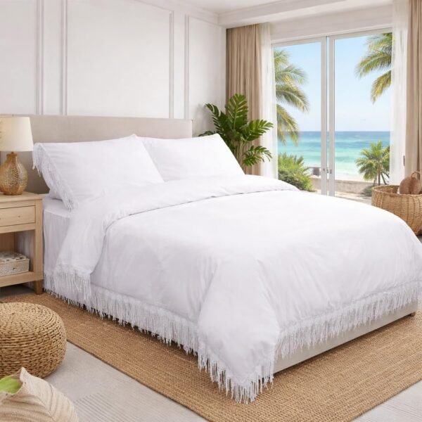 Bohemian style four-piece duvet cover set, full size, Bohemian fashion cotton bedding set, including bed skirt, elegant tassel decoration, pure white