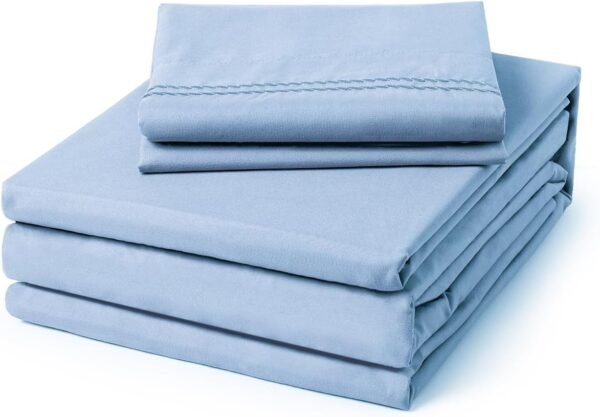 Single sheet set - four-piece soft and breathable luxury sheet set - shrink-resistant and fade-resistant embroidered sheet, deep pocket design, includes two extra pillowcases (single bed, light blue).