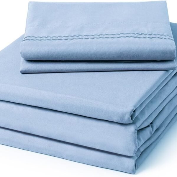 Single sheet set - four-piece soft and breathable luxury sheet set - shrink-resistant and fade-resistant embroidered sheet, deep pocket design, includes two extra pillowcases (single bed, light blue).