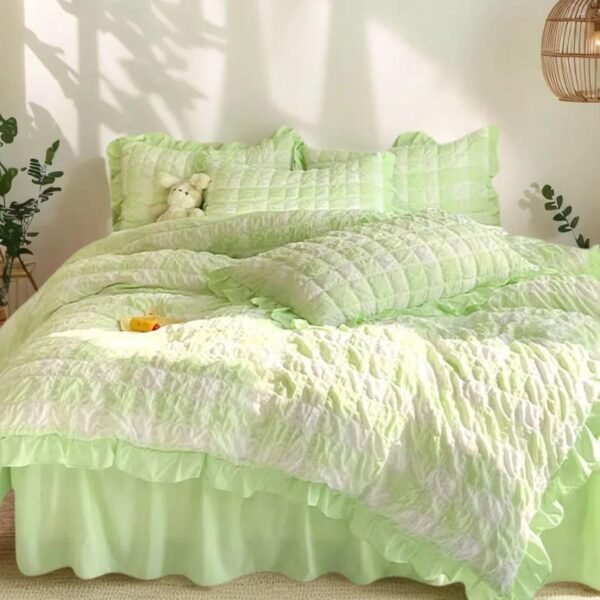 Green Plaid Sheet and Pillowcase Set - Ruffled washed cotton four-piece bedding set, including bed skirt, full size, grass green