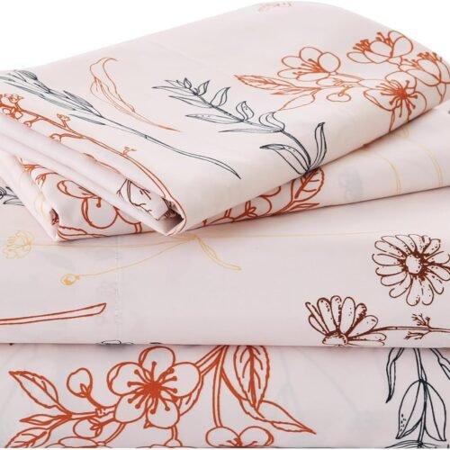Floral Pattern King Size Sheet Set, Bohemian Floral Pattern Sheet Set, Beige Fall Bedding, Includes Sheet and Pillowcases, Soft Microfiber Material, 15-inch Extra-Deep Pocket Fitted Sheet Set, 4-Piece Set