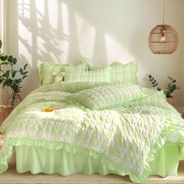Green Plaid Sheet and Pillowcase Set - Ruffled washed cotton four-piece bedding set, including bed skirt, full size, grass green