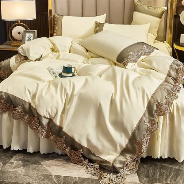 European style embroidered four-piece set, solid color lace bed skirt four-piece set, home ivory white, 2.0 meter four-piece set