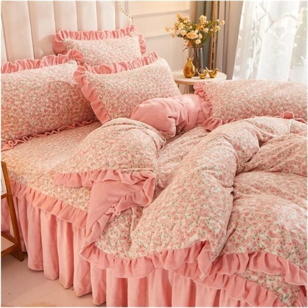 Luxury Sheet Set, Home Textiles, Milk Velvet, Thick Coral Fleece, Princess Bed, Country Style Bed Skirt, Four-Piece Set, Bedspread, Non-Slip Four-Piece Bedding