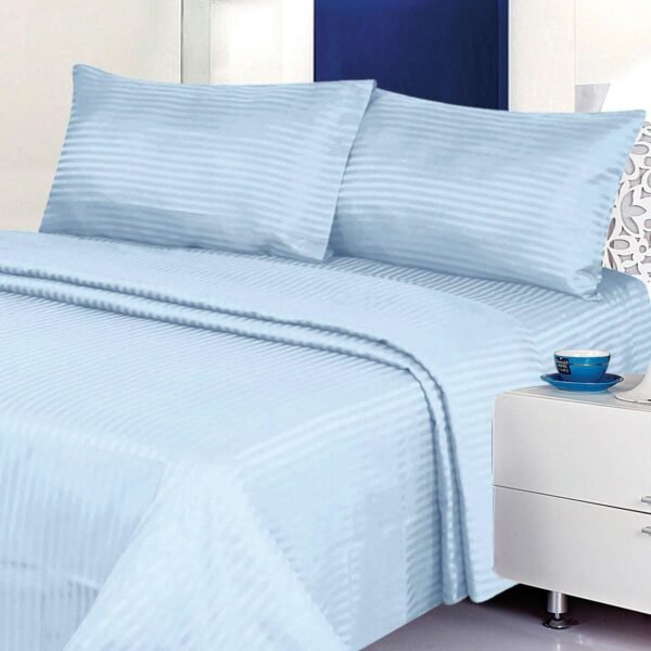 Four-piece sheet set - Dobby stripes - 100% cotton satin - 400 thread count (full-size, light blue)