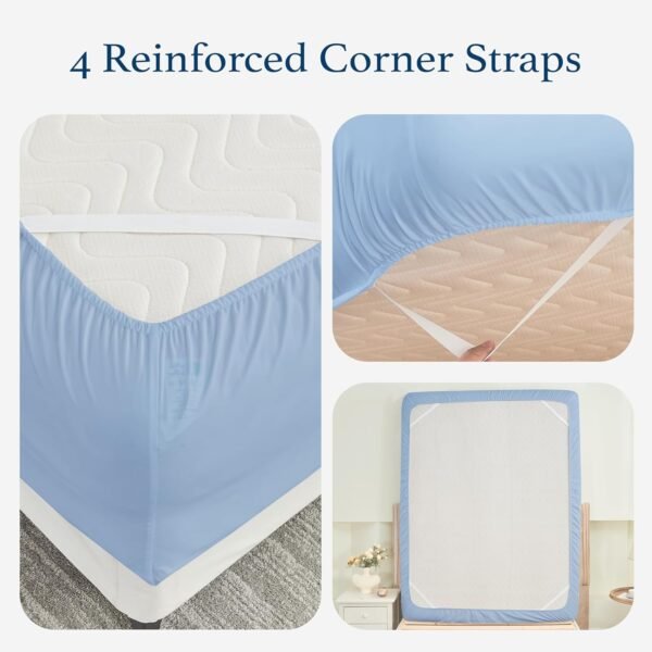 100% Cotton Twill Fitted Sheet, King Size Single Bed, 8-15 16-inch deep pocket fitted sheet, cool base fabric, breathable and soft, includes fitted sheet, with 4 corner straps (King Single, Serenity Blue)