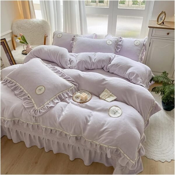 Luxury Sheet Set, Home Textiles, Milk Velvet, Thick Coral Fleece, Princess Bed, Country Style Bed Skirt, Four-Piece Set, Bedspread, Non-Slip Four-Piece Bedding