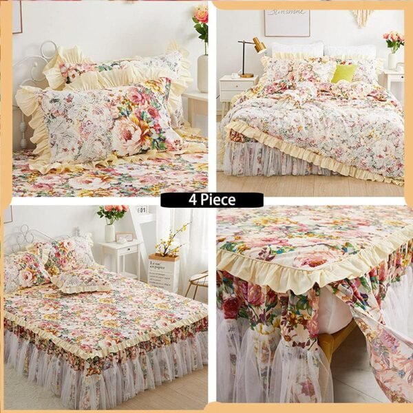 Romantic floral ruffle duvet cover four-piece set, standard double size - 100% pure cotton 600 thread count - white lace luxury retro princess style bedroom decor, soft dustproof ruffles, 18-inch corner bed skirt