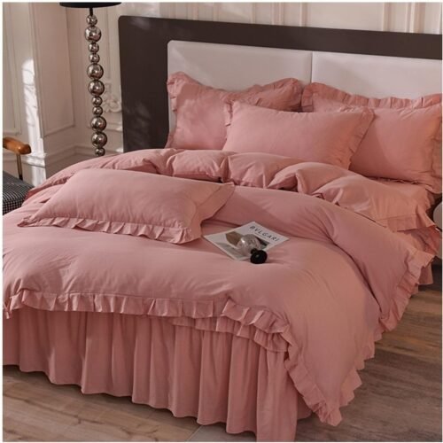 Cotton duvet cover four-piece set, bed skirt style solid color sheet and duvet cover set, soft cotton beige duvet cover set, full size duvet cover, 2-1.8m bed, 200x230 cm