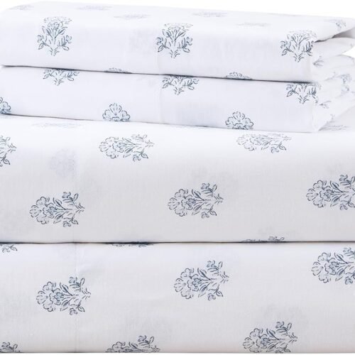 100% Cotton Sheet Set, Queen Size, Breathable and Cool, Soft Cotton Sheet Set, 14-inch Elastic Pocket Design, Fits mattresses up to 16 inches thick, Suitable for all seasons, Blue Floral Pattern 4-Piece Set