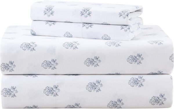 100% Cotton Sheet Set, Queen Size, Breathable and Cool, Soft Cotton Sheet Set, 14-inch Elastic Pocket Design, Fits mattresses up to 16 inches thick, Suitable for all seasons, Blue Floral Pattern 4-Piece Set