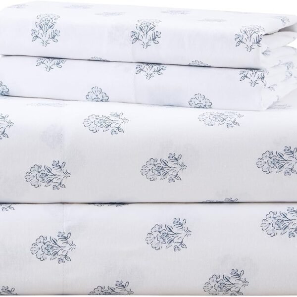 100% Cotton Sheet Set, Queen Size, Breathable and Cool, Soft Cotton Sheet Set, 14-inch Elastic Pocket Design, Fits mattresses up to 16 inches thick, Suitable for all seasons, Blue Floral Pattern 4-Piece Set