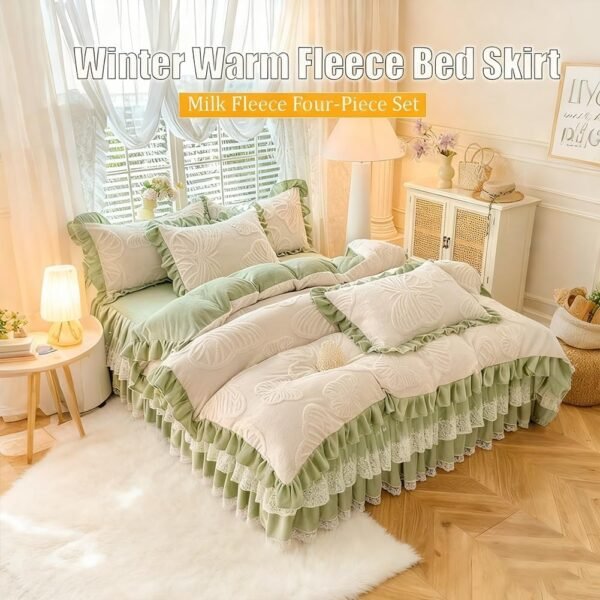 Pink princess lace ruffle faux fur velvet butterfly bed skirt four-piece set, winter plush bedding set (including 2 pillowcases (light color)) green, 180x200 cm/queen size)