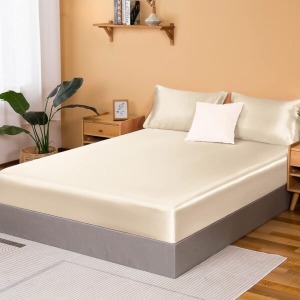 Satin Fitted Sheet, Queen size only, single silky fitted sheet, soft deep pocket fitted sheet, wrinkle-resistant, fade-resistant, and breathable fitted sheet - light khaki