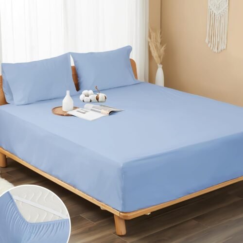 100% Cotton Twill Fitted Sheet, King Size Single Bed, 8-15 16-inch deep pocket fitted sheet, cool base fabric, breathable and soft, includes fitted sheet, with 4 corner straps (King Single, Serenity Blue)
