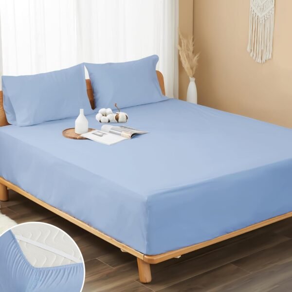 100% Cotton Twill Fitted Sheet, King Size Single Bed, 8-15 16-inch deep pocket fitted sheet, cool base fabric, breathable and soft, includes fitted sheet, with 4 corner straps (King Single, Serenity Blue)