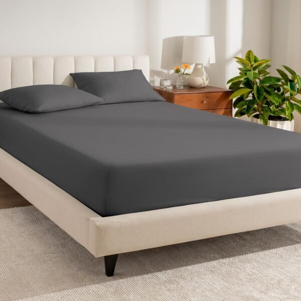 100% Organic Cotton Extra Long Full Size Fitted Sheet - Crisp twill weave - Lightweight and breathable - Deep pocket fitted sheet (King Size, grey)