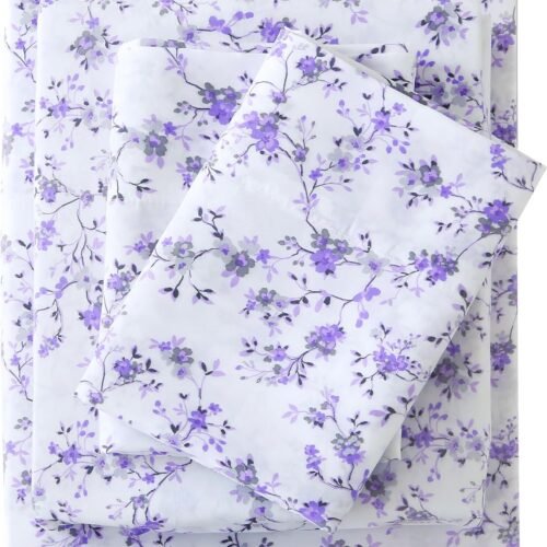 Floral Pattern King Size Sheet Set - 4-Piece Purple Lavender Floral Pattern Sheet Set - Soft and breathable microfiber sheet with deep pocket design, non-slip fitted sheet and pillowcases