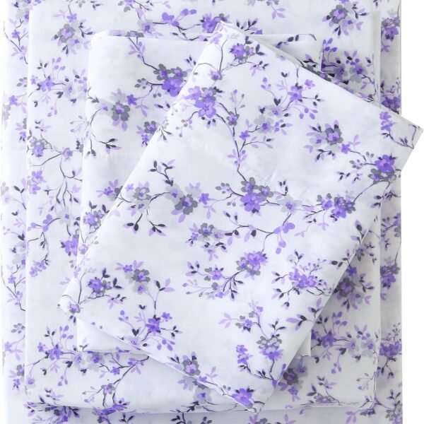 Floral Pattern King Size Sheet Set - 4-Piece Purple Lavender Floral Pattern Sheet Set - Soft and breathable microfiber sheet with deep pocket design, non-slip fitted sheet and pillowcases