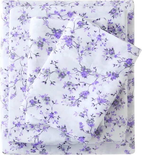 Floral Pattern King Size Sheet Set - 4-Piece Purple Lavender Floral Pattern Sheet Set - Soft and breathable microfiber sheet with deep pocket design, non-slip fitted sheet and pillowcases