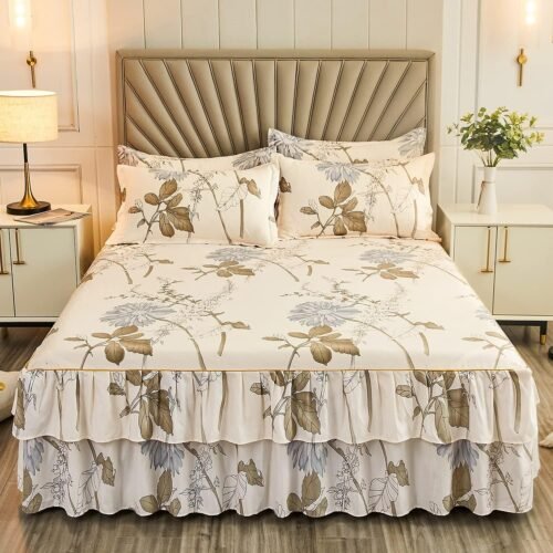 Floral print sheets, three-sided piping, 14-inch hem, with dust-proof ruffles, botanical pattern bed skirt, 3-piece set, includes 1 sheet and 2 pillowcases (King).