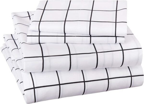 Soft microfiber four-piece sheet set, with elastic side pockets, full size, black checkered geometric pattern