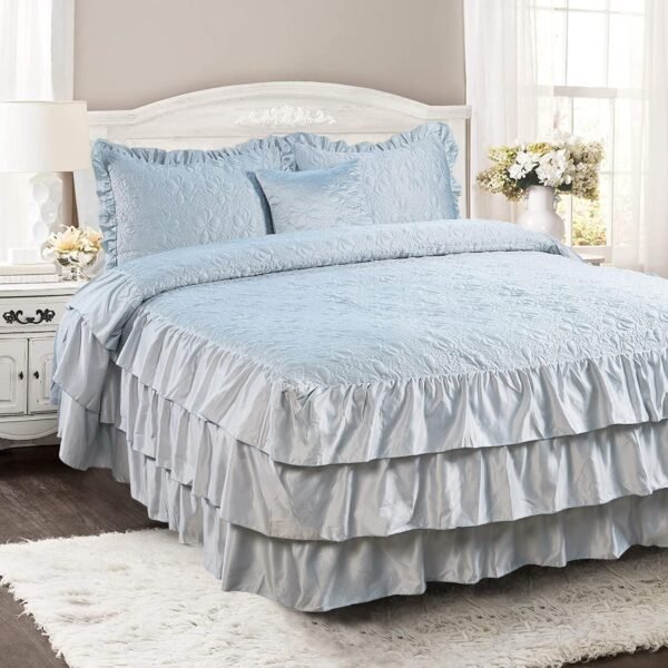 Four-piece matte satin ruffled quilted bedspread set, 24-inch ruffled bed skirt, lightweight reversible bedding set, Queen size 60 inches x 80 inches + 24 inches, light blue