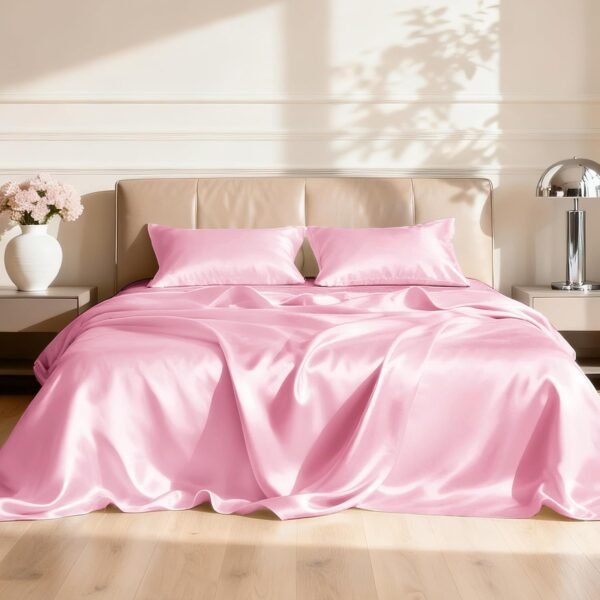Satin Queen Size Sheet Set - Four-piece set in pink silky smooth sheets with deep pockets, luxurious silky satin texture, Queen size (1 sheet, 1 fitted sheet, 2 pillowcases).