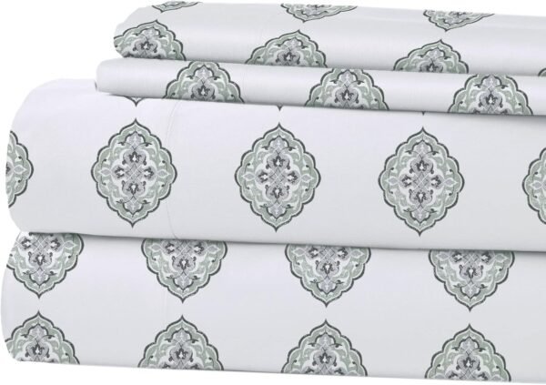 Printed four-piece ultra-soft sheet and pillowcase set, deep pocket design, accommodates mattresses up to 16 inches thick.
