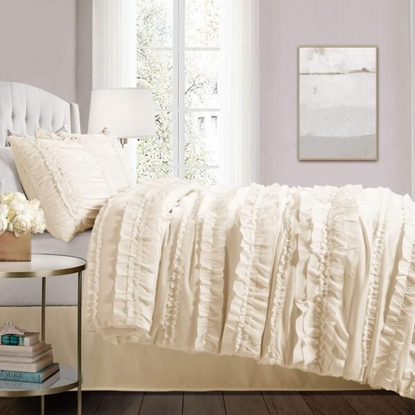 Ivory duvet (96 x 92 inches), ruffled vintage style four-piece set, including bed skirt (80 x 60 inches, skirt length 14.5 inches). Includes 2 pillowcases (20 x 26 inches), standard double/king size