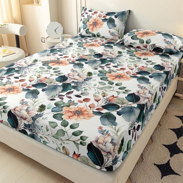 Double Fitted Sheet - Floral Pattern Brushed Microfiber Fitted Sheet, 15-inch Deep Pockets with Elastic Bound Edges - Shrink-resistant and fade-resistant, Floral Print Bedding