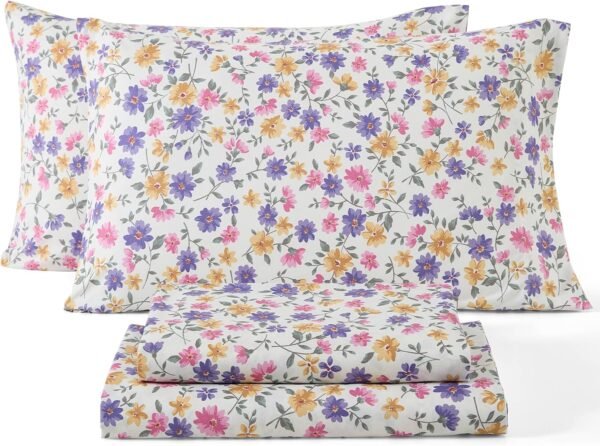 Purple and Yellow Floral Pattern Sheet Set - 4-Piece Sheet Set - Wrinkle-resistant and ultra-soft - Fits mattresses up to 15 inches thick (Queen Size)