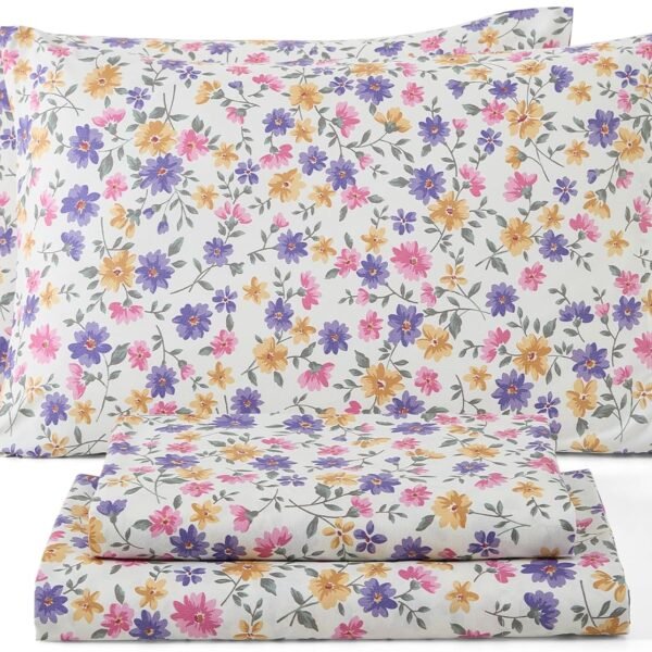 Purple and Yellow Floral Pattern Sheet Set - 4-Piece Sheet Set - Wrinkle-resistant and ultra-soft - Fits mattresses up to 15 inches thick (Queen Size)