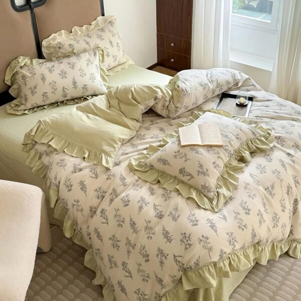 French Ruffle Bed Skirt Four-Piece Set, Floral Print, French Style Duvet Cover and Sheet, 2 Pillowcases (Green, Fitted Sheet_1.8m Bed)