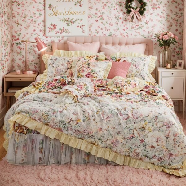 Romantic floral ruffle duvet cover four-piece set, standard double size - 100% pure cotton 600 thread count - white lace luxury retro princess style bedroom decor, soft dustproof ruffles, 18-inch corner bed skirt
