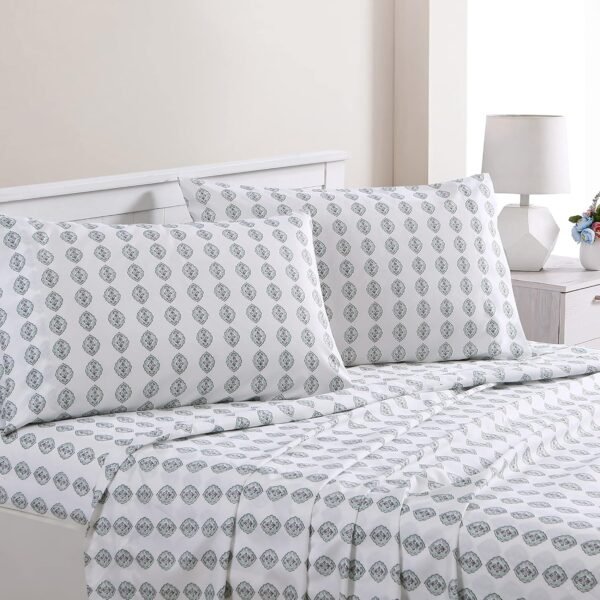 Printed four-piece ultra-soft sheet and pillowcase set, deep pocket design, accommodates mattresses up to 16 inches thick.