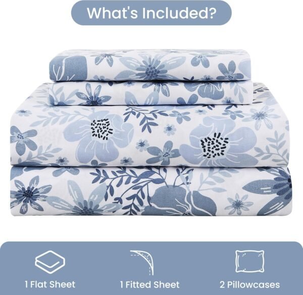 Full-size sheet set - Four-piece soft and breathable microfiber sheet set - blue and white floral pattern, full size - includes a deep-pocket, non-slip floral fitted sheet, suitable for all seasons.