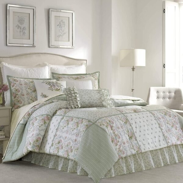 Queen size duvet cover set, soft cotton bedding with a slightly textured touch, medium weight, suitable for all seasons, four-piece bedding set, includes matching pillowcases and a complimentary bed skirt (Harper Sage)