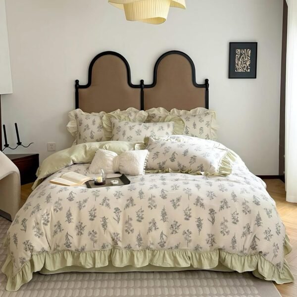 French Ruffle Bed Skirt Four-Piece Set, Floral Print, French Style Duvet Cover and Sheet, 2 Pillowcases (Green, Fitted Sheet_1.8m Bed)
