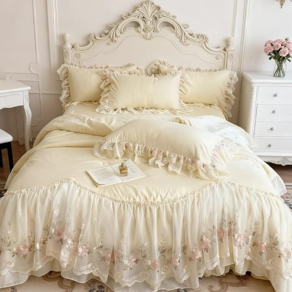 French style 4-piece bedding set - romantic lace trim washed cotton, duvet cover, bed skirt, and pillowcases, for King bed, princess style (duvet insert not included) (yellow, all sizes).