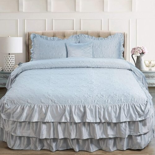 Four-piece matte satin ruffled quilted bedspread set, 24-inch ruffled bed skirt, lightweight reversible bedding set, Queen size 60 inches x 80 inches + 24 inches, light blue