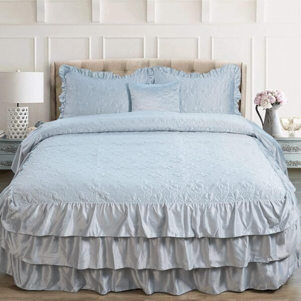 Four-piece matte satin ruffled quilted bedspread set, 24-inch ruffled bed skirt, lightweight reversible bedding set, Queen size 60 inches x 80 inches + 24 inches, light blue