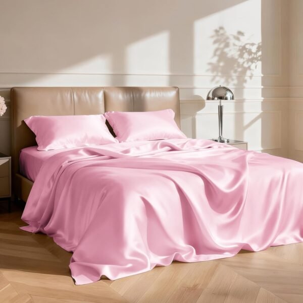 Satin Queen Size Sheet Set - Four-piece set in pink silky smooth sheets with deep pockets, luxurious silky satin texture, Queen size (1 sheet, 1 fitted sheet, 2 pillowcases).